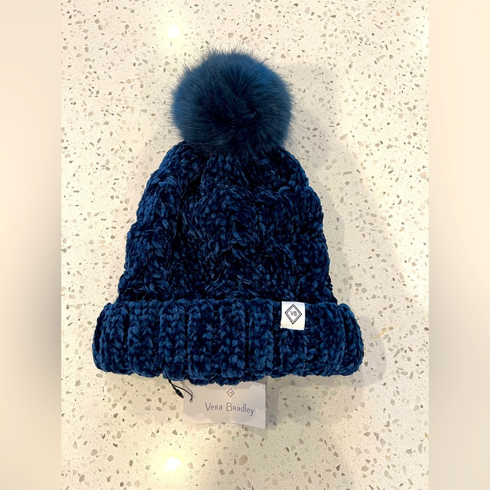VERA BRADLEY chenille knit hat with faux fur Pom Pom OS